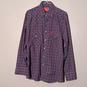 Vintage Ely Plains blue red plaid long sleeve collared button up, men's 16-34